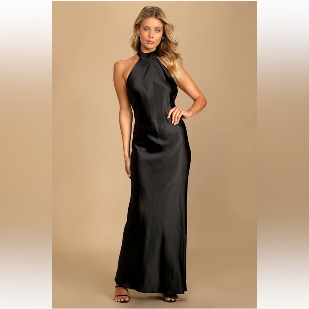 Lulus Love in Your Life Black Satin Halter Maxi Dress M